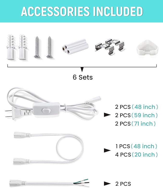 (6 Pack) 4FT T5 LED Integrated Fixture, 6500K,20W,2300LM(Super Bright White) Linkable LED Shop Light,Garage Ceiling and Cabinet Light,Strip Light,Corded Electric with ON/Off Switch