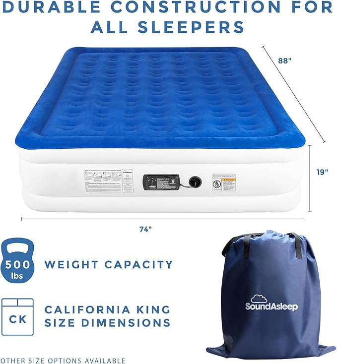 SoundAsleep Dream Series Luxury Air Mattress with ComfortCoil Technology & Built-in High Capacity Pump for Home Camping- Double Height, Adjustable, Inflatable Blow Up, Portable - California King XL