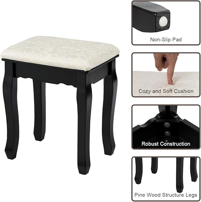 Giantex Vanity Set with Lighted Mirror, Makeup Table with 10 Rose Light, Modern Dressing Desk with Cushioned Stool, 3 Drawers and 360° Rotating Mirror for Bedroom, Vanity Table with Stool (Black)