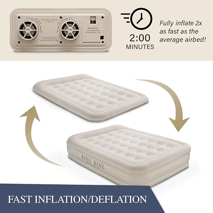 King Koil Luxury Air Mattress 16in Full Size Beige with Built-in Pump for Home, Camping & Guests-Inflatable Airbed Luxury Double High Adjustable Blow Up Mattress, Durable - Portable and Waterproof