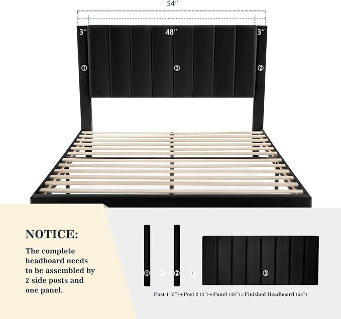 Allewie Full Bed Frame/Velvet Upholstered Bed Frame with Vertical Channel Tufted Headboard/Strong Wooden Slats/Platform Bed Frame/Mattress Foundation/Box Spring Optional/Easy Assembly/Black