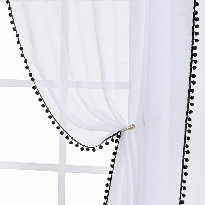 Treatmentex White Sheer Curtains Black Pompoms 63" inches Long Window Draperies for Boy's Room Bed Canopy 2 Panels Rod Pocket