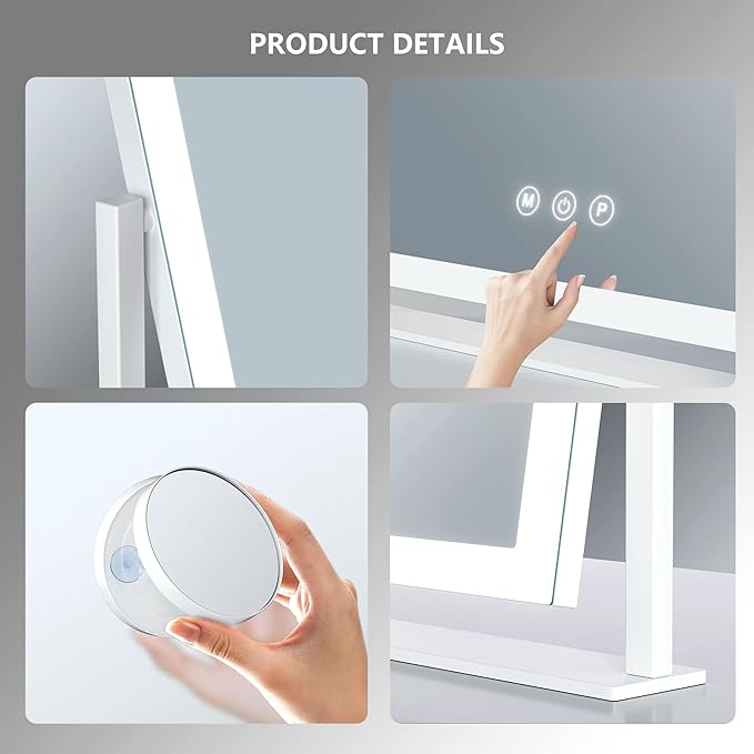 15.2" Lighted Makeup Mirror Hollywood Vanity Mirror with Lights, Three Color Modes,Detachable 10X Magnification Mirror, Smart Touch Control, 360°Rotation White