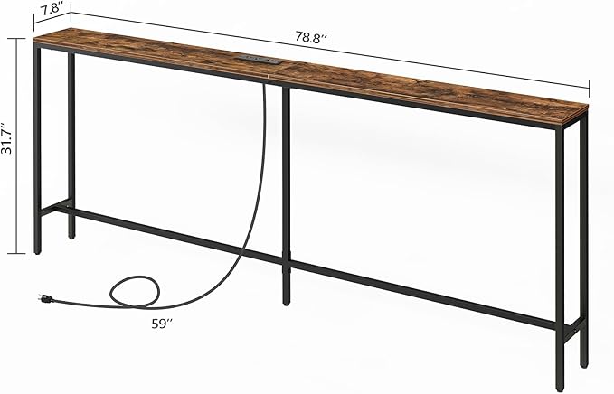78.7" Console Table with Power Outlet, Narrow Sofa Table Behind Couch, Skinny Entryway Table with with Charging Station, for Hallway, Foyer, Living Room, Rustic Brown CTHR20E01