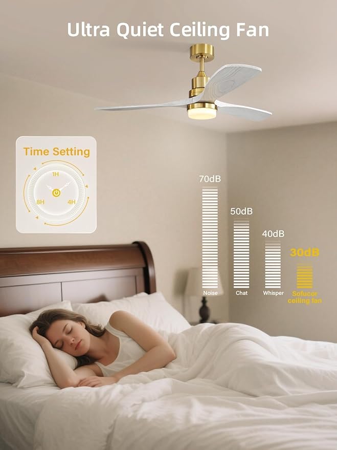 Sofucor 52 Inch Smart Ceiling Fans with Lights and Alexa/Google Assistant/APP/Remote Control-Modern Solid Wood Outdoor 3 Blades Ceiling Fan for Bedroom Living Room Indoor Farmhouse Patio, Grey Gold
