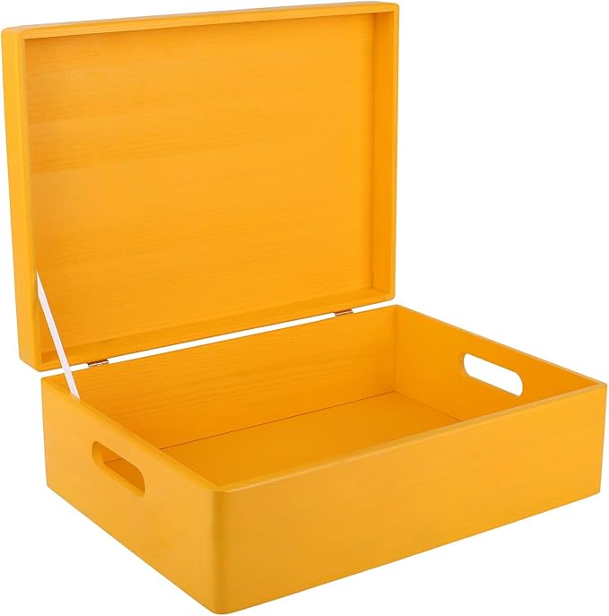 XL Yellow Wooden Box Storage with Hinged Lid | 15.8 x 11.8 x 5.5 inches (+-0.5) | with Handles | Gift Box for Tool Dog Toy Shoes Clothes Kitchen Storage Document | Wood Keepsake Chest