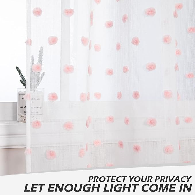 MYSKY HOME 72 Inch Long Pink Pom Pom White Sheer Curtains for Bedroom Curtains for Baby Nursery Door Curtains for Doorway 2 Panels Light Filtering Rod Pocket Semi Window Drapes 52 x 72 inch