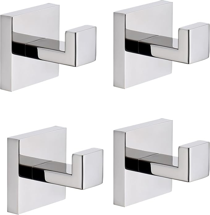TASTOS Bath Towel Hooks Polished Chrome, 4 Pack Stainless Steel Robe Coat and Clothes Hook, Heavy Duty Wall Hook for Bathroom & Kitchen, Modern Square Style Wall Mounted
