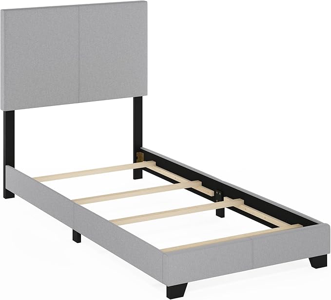 Furinno Pessac Fabric Upholstered Bed Frame with Wooden Slat Support, Twin XL, Glacier