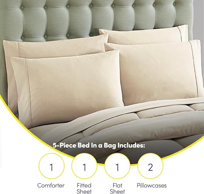 Sweet Home Collection 5 Piece Comforter Set Bag Solid Color All Season Soft Down Alternative Blanket & Luxurious Microfiber Bed Sheets, Beige, Twin