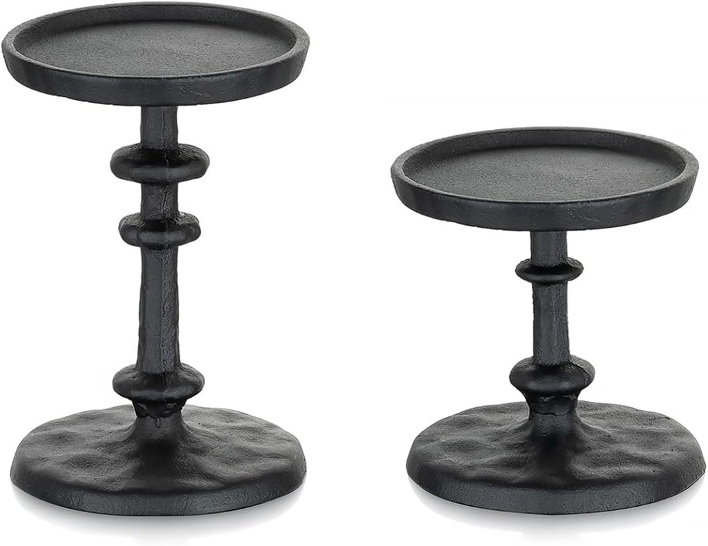 NUPTIO Pillar Candle Holder Black: Solid Cast Iron Candle Stand for 3 Inch Pillars - Vintage Sturdy Metal Candleholder for Halloween Christmas Fireplace Mantle Decor