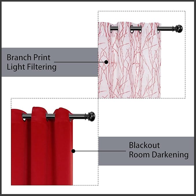 BONZER Mix and Match Curtains - 2 Pieces Branch Print Sheer Curtains and 2 Pieces Blackout Curtains for Bedroom Living Room Grommet Window Drapes, 37x63 Inch/Panel, Red, Set of 4 Panels