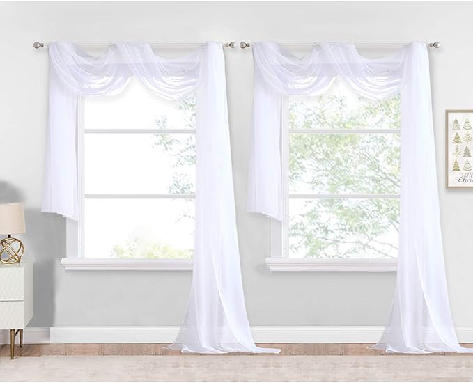 NICETOWN White Sheer Window Scarf 216 inch Extra Long 2 Panels, Soft Voile Textured Bed Canopy Scarf Curtains for Event Designs/Home Decor, 60 inches Wide,