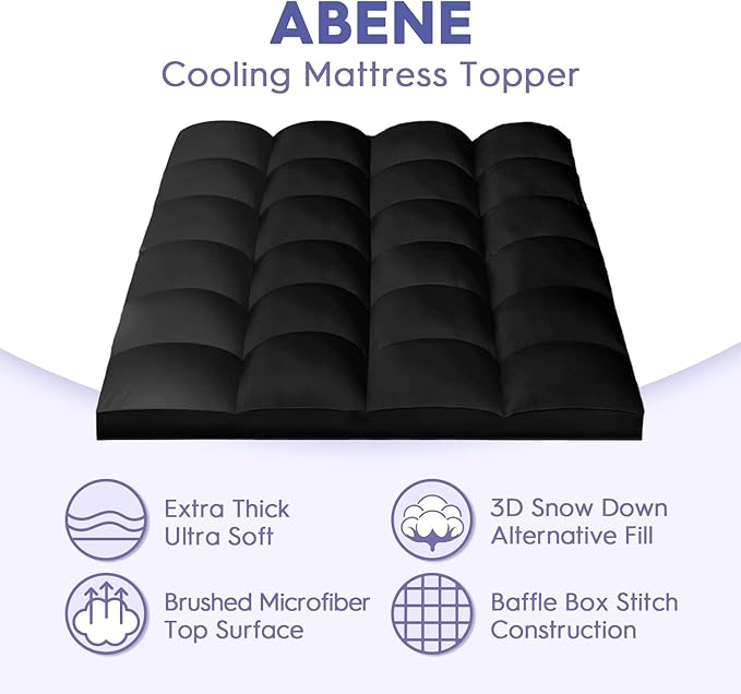 ABENE Mattress Topper Queen for Back Pain Relief, Extra Thick Mattress Pad Pillowtop, Soft Mattress Protector Cover with 8"-21" Deep Pocket, Overfilled Down Alternative Filling (Black, Queen)