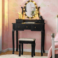 Giantex Vanity Table Set with 12 Lights Mirror, Bedroom Makeup Dressing Table with 360° Rotating Oval Mirror, 5 Drawers and Shelf, Modern Makeup Table with Cushioned Stool for Girls Women (Black)
