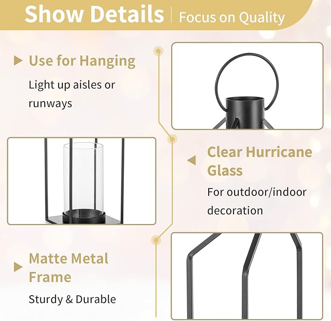 Nuptio Decorative Lantern Candle Holder: 2 Pcs Glass Hurricane Pillar Candles Holders Rustic Black Metal Hanging Lanterns Decor for Outdoor Wedding Farmhouse Home Fireplace Christmas Halloween