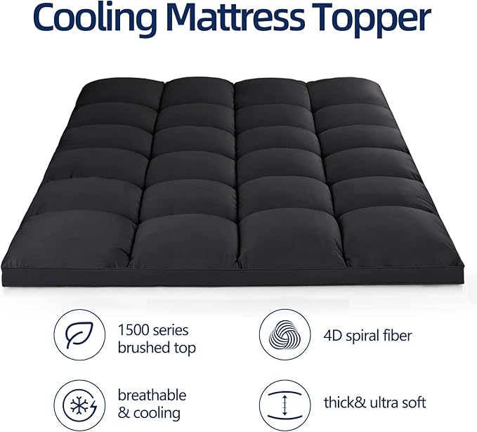 Mattress Topper Full for Back Pain, Extra Thick Mattress Pad Cover, Plush Pillow Top, Deep Elastic Pocket, Black