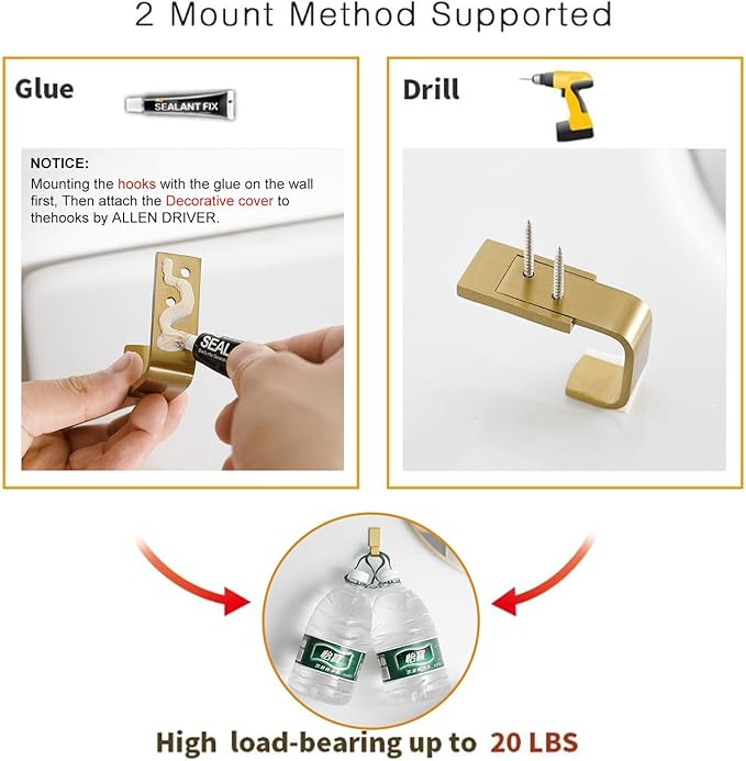 BESy Brass Clothes Hook Single Towel Hook for Bathroom Kitchen Garage Square Style Robe Hooks Coat and Hat Hook, Self Adhesive with Glue or Wall Mounted with Screws, Brushed Gold