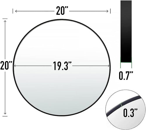 20" Round Mirror Circle Wall Mounted Hanging or Against Wall Metal Frame Dressing Make-up Mirrors for Entryway Bedroom Bathroom Living Room 20 inch Black