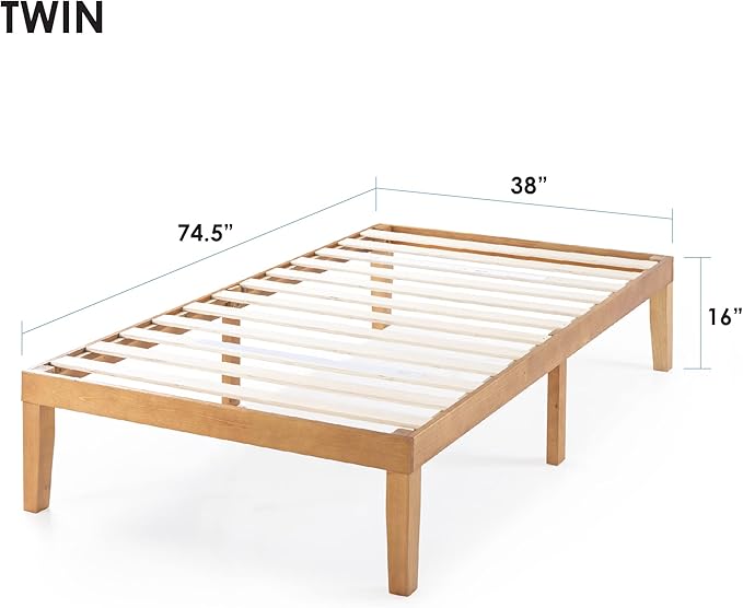 Mellow Naturalista Classic 16 Inch Solid Wood Platform Bed with Wooden Slats, Natural Pine, Twin