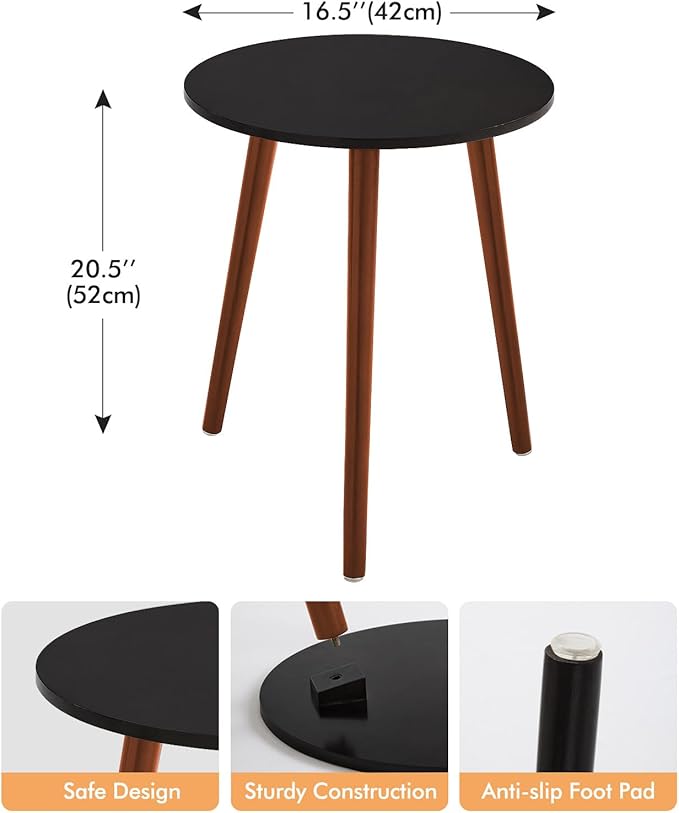 Apicizon Brown Side Table for Bedroom, End Table Bedside Table Nightstand Coffee Table with Brown Wood Legs for Living Room, 16.5 x 20.5 Inches, Black & Brown