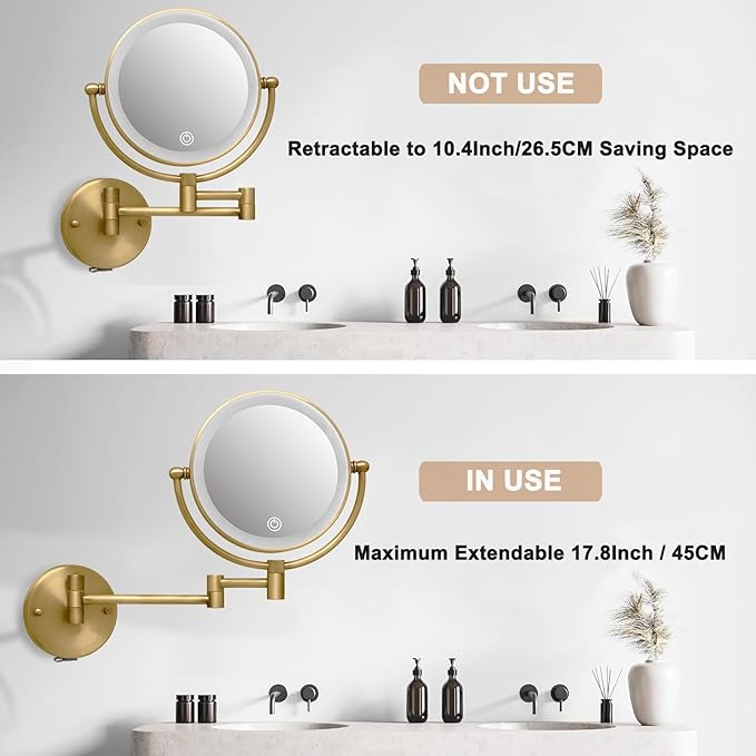 Antique Brass Rechargeable Wall Mounted Makeup Mirror Magnifying, 1X/10X Magnifying Mirror for Bathroom, 8 Inch 2 Sided 360 Swivel Extendable Arm Vanity Shaving Mirror for Bathroom