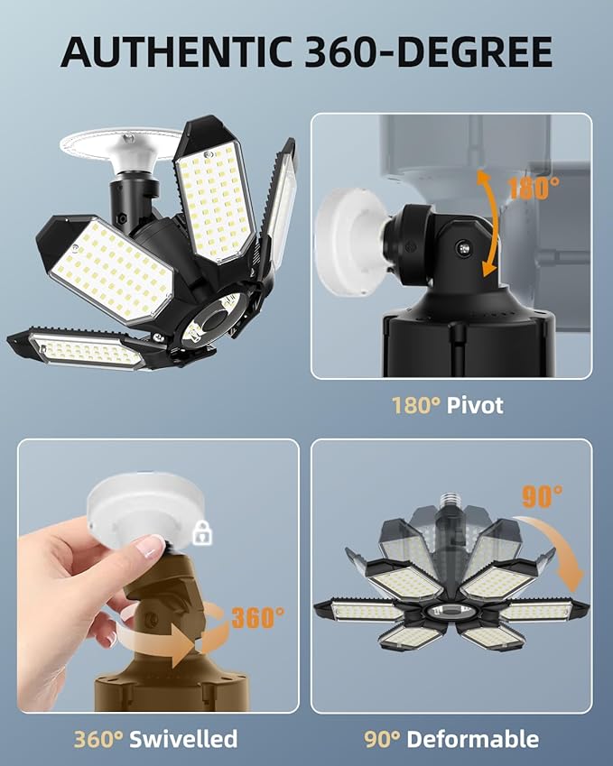 Adiding Rotatable LED Garage Light 4 Pack, 48000Lm Super Bright Basement Lighting Fixture w/ 6 Adjustable Panels Screw in E26 E27 Bulb Base for Workshop Attic Barn Ceiling Warehouse Gym Utility