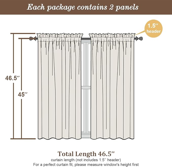 Chyhomenyc Taupe Sheer Curtains 45 Inch Long 2 Panels, Light Filtering Rod Pocket Voile Short Curtains Drapes for Living Room Bedroom Small Windows, 42Wx45L Inches