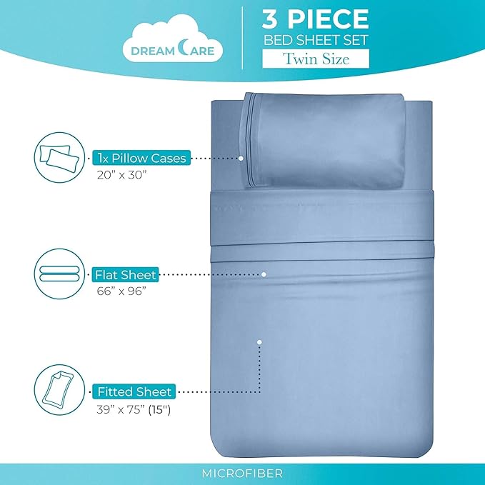 DREAMCARE Twin Sheets - 3pcs Cooling Sheets up to 21' Extra Deep Pocket Twin Bed Sheets - Twin Sheet Set - Soft & Long Lasting 100% Fine Brushed Polyester with Side Pocket - L Blue