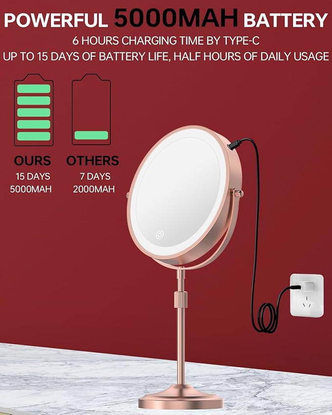 9" Lighted Makeup Mirror with 1X 10x Magnification, 5000mAh Rechargeable Led Magnifying Vanity Mirror with Lights, 3 Lighting Color, Dimmable and Height Adjustable Cordless Cosmetic Mirror Rose Gold