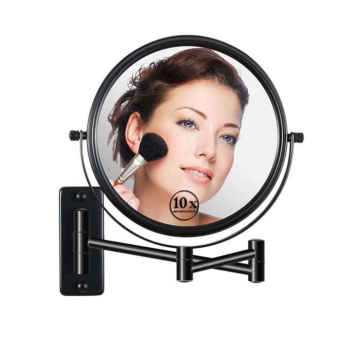 Wall Mounted Magnifying Makeup Mirror with 1X 10X Magnification and Extendable Arm, 8 Inch Double Sided Vanity Mirror for Bathroom, Wall Mirror for Teen Girls, Women, Matte Black