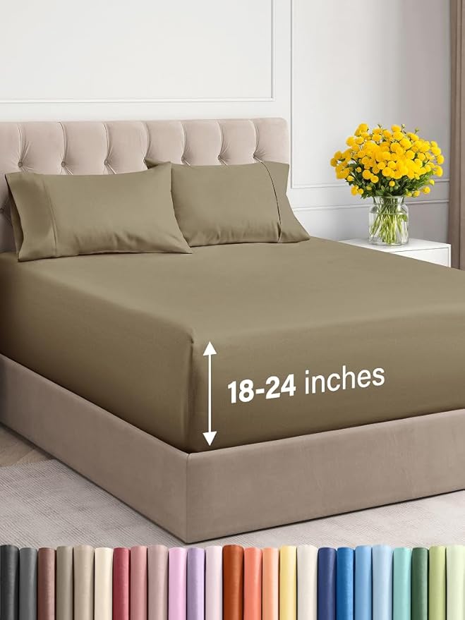 Extra Deep Twin Sheet Set - 4 Piece Breathable and Cooling Sheets - Hotel Luxury Bed Sheets Set - Easy & Secure Fit - Soft, Wrinkle Free and Comfy Sheets Set - Khaki Sheet Set with Extra Deep Pockets