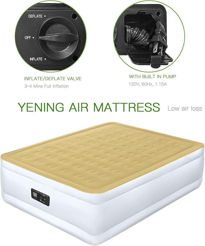 YENING Full Size Air Mattress with Built in Pump Raised Double Blow up Bed Inflatable Camping Airbed Electric 18 Inch Tall Beige
