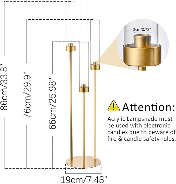 Vincidern 2pcs Gold Taper Candle Holder 3-arm Candelabra Decorative Candlestick Holder for Table Centerpieces, Wedding, Dining Room, Events, Party (34in Tall)