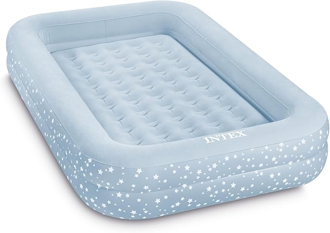 Intex 66810FL Inflatable Kidz Travel Bed Set, Includes Hand Pump and Carry Bag, Removable Mattress, Quick Inflation, Indoor Use, 42in x 66in x 10in, Blue with Star Print Frame