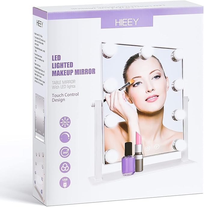 HIEEY Hollywood Vanity Mirror with Lights, Makeup 9 Dimmable Bulbs Three Color Lighting Modes, and 5X Magnification Mirror, Smart Touch Control, 360°Rotation (White)
