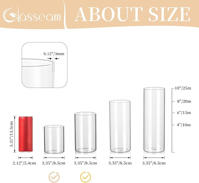 Glasseam Hurricane Glass Candle Holder Set of 6, Cylinder Clear Candle Holders for Pillar Candles, Modern Cylinder Vases for Floating Candles, Vases for Centerpiece Wedding Table Decorations, 6inch