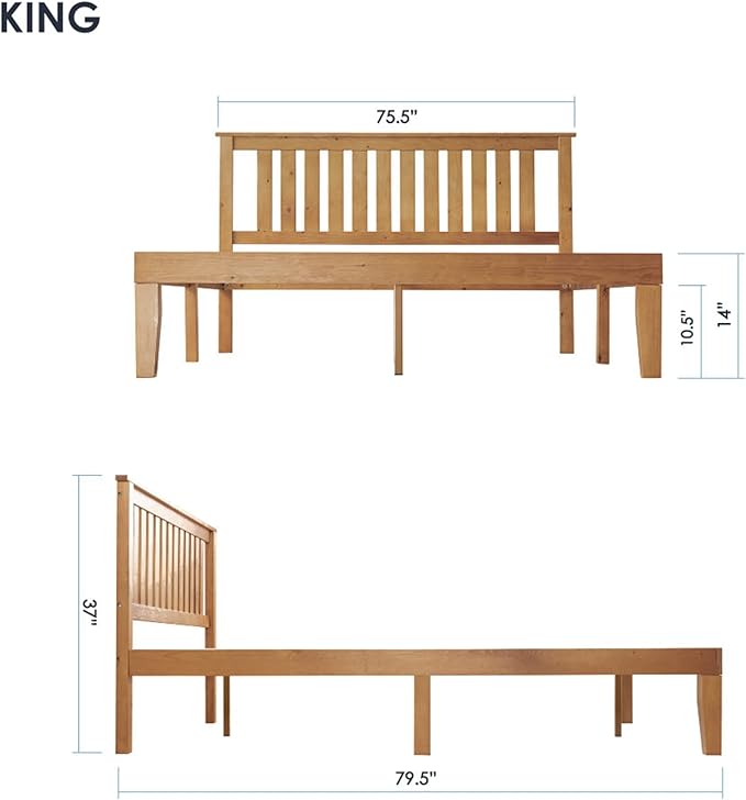 Mellow Marley 14 Inch Solid Wood Platform Bed with Paneled Headboard, Natural Pine, King