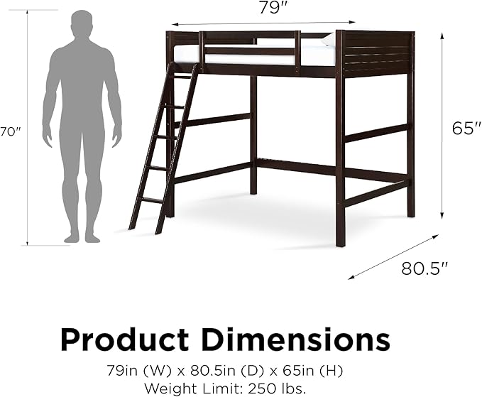 DHP Denver Full Size Loft Bed, Espresso Finish, Sturdy Wood Construction, Space-Saving Design, Kids Loft Bed