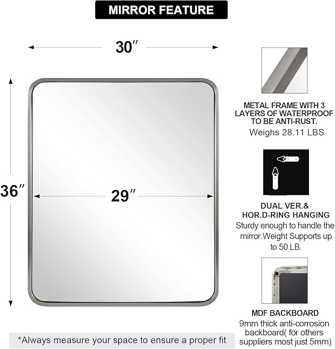 ANDY STAR Brushed Nickel Bathroom Mirror, 30x36’’ Rounded Corner Rectangle Nickel Mirror Bathroom Vanity Mirror Tube Metal Framed, SUS304-Anti-Rust Wall-Mounted Horizontal/Vertical 1’’ Deep