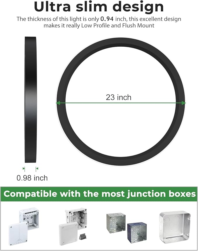 hepside 23INCH Big Dimmable Flush Mount Ceiling Light Fixture Black, 3CCT Selectable 3000/4000/6500K Ceiling Lamp, 50W 5000LM Super Bright Low Profile Light for Bedroom, Kitchen, Bathroom, Hallway