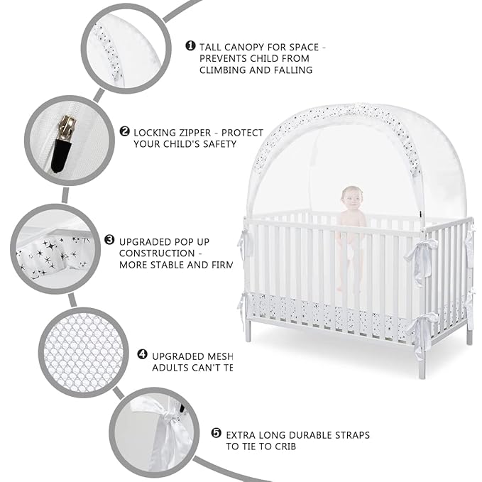 Baby Pop Up Crib Tent, Crib Net to Keep Baby from Climbing Out, Crib Canopy Cover Against Falling and Bites, Strong Frame & Soft Breathable Mesh, White+stars