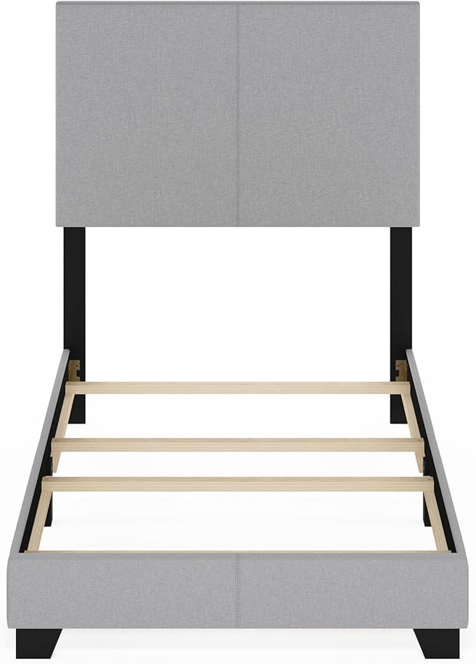 Furinno Pessac Fabric Upholstered Bed Frame with Wooden Slat Support, Twin, Glacier
