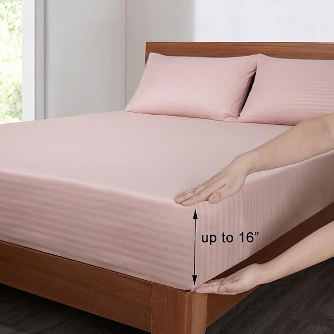 Mejoroom Striped King Size Bed Sheet Set - Hotel Luxury 1800 Bedding Sheets & Pillowcases - 16" Deep Pocket Fitted Sheet, Soft, Breathable, Wrinkle & Fade Resistant - 4 Piece(02-Dusty Pink)