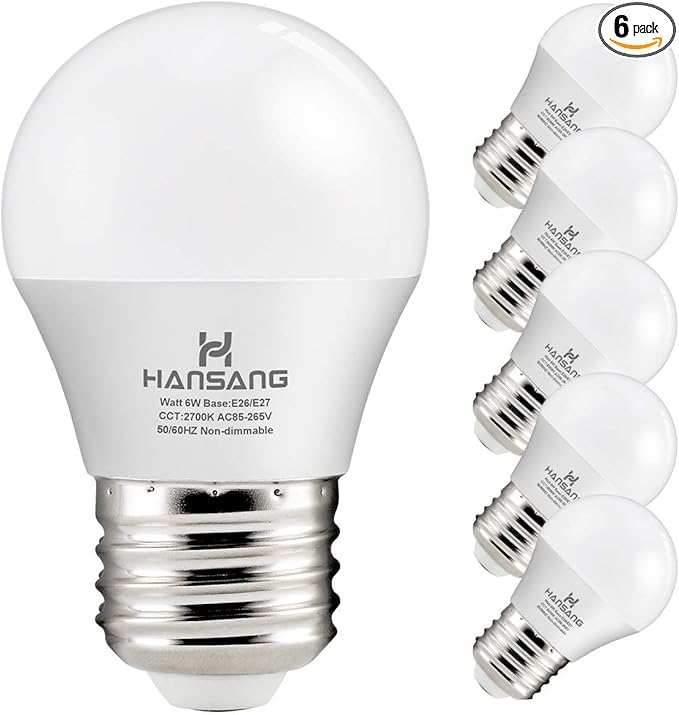 hansang E26 Appliance Light Bulb, 2700K Warm White, 60 Watt Equivalent Small Light Bulb, E26 LED Bulb for Ceiling Fan, A15 Light Bulb, 600lm 120V, CRI85+, Eye Protection, 120V, Non-Dimmable 6 Pack