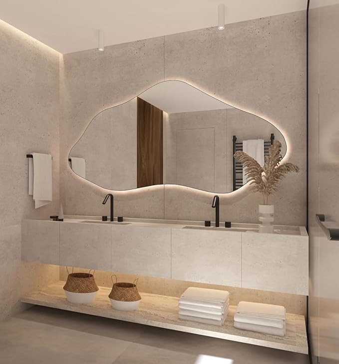 Asymmetrical Bathroom LED Mirror, Modern Irregular Shape Wall Mirror with LED Lights, Frameless Aesthetic Backlit LED Illimunated Vanity Mirror (55" x 27" inc)