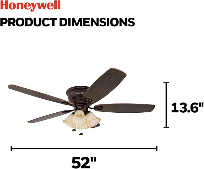 Honeywell Ceiling Fans Glen Alden, 52 Inch Classic Flush Mount Indoor LED Ceiling Fan with Light, Pull Chain, Quick-2-Hang Dual Finish Blades, Reversible Motor - 50183 (Oil Rubbed Bronze)