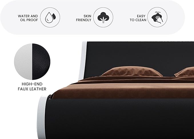 SHA CERLIN Modern Low Profile Platform Bed Frame King Size, Stylish Faux Leather Upholstered Sleigh Bed with Ergonomics Headboard, No Box Spring Needed, Black & White