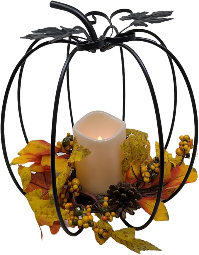 One Holiday Way 12-Inch Black Metal Pumpkin Candle Holder with LED Candle, Timer and Fall Leaves - Decorative Rustic Dining Table Centerpiece - Thanksgiving Halloween Harvest Autumn Wedding Home Decor