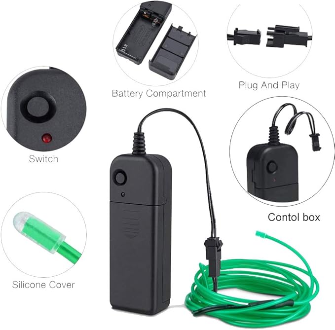 MaxLax EL Wire Green, 16.4ft/5m Portable Battery Pack Neon Light Strip 360° Cuttable Glowing Rope Lights for Parties, Halloween, DIY Decoration